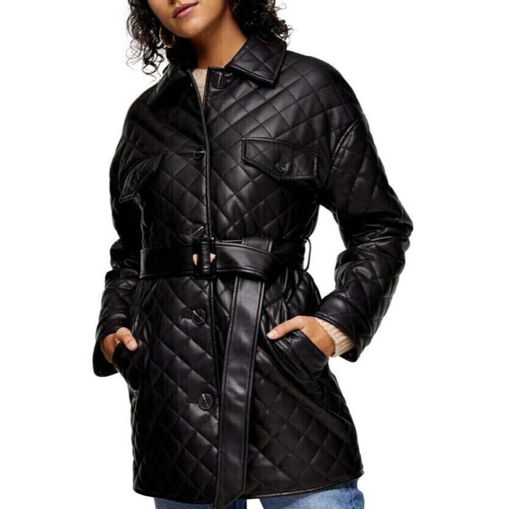 TOPSHOP Women Quinn Faux Leather Quilted Jacket Size 2 Black Belted Button Up